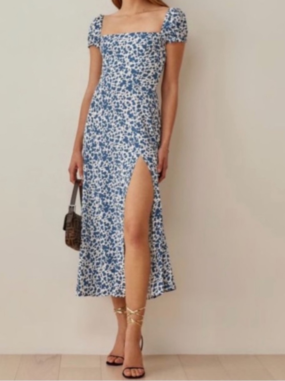 Reformation Sienne Blue and White Puff Sleeve Midi Dress Sz 4 - Picture 2 of 12